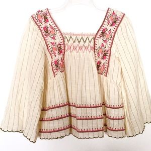 THML Striped Embroidered Smocked Blouse NWT